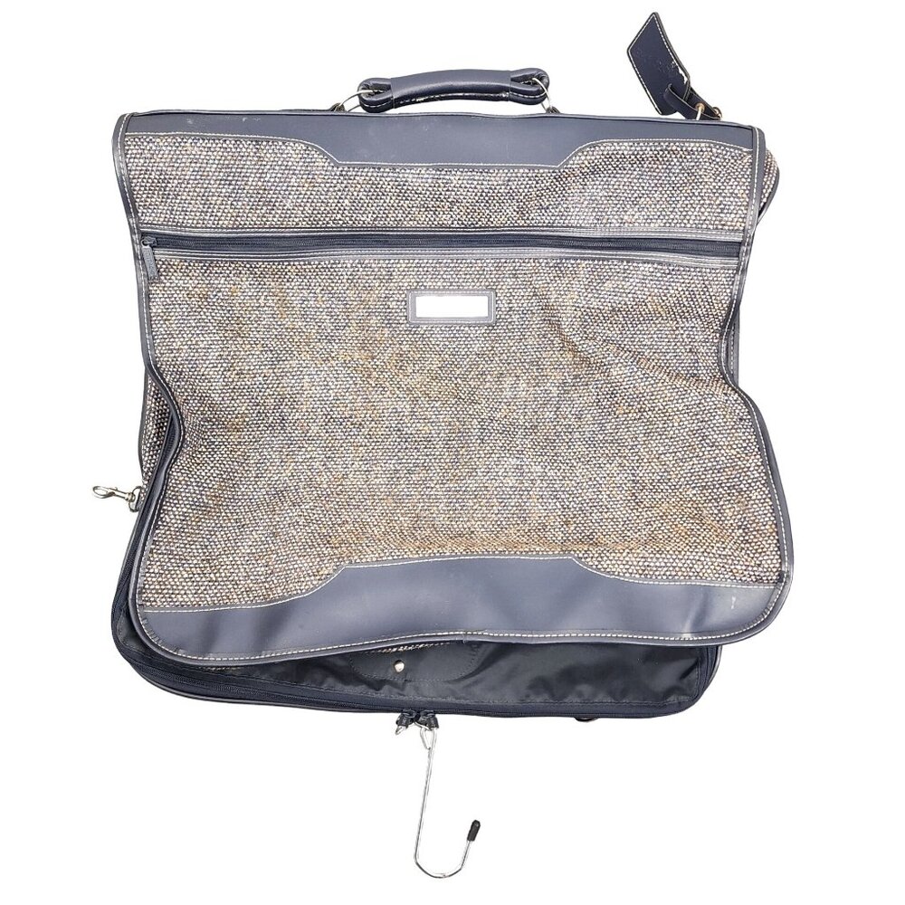Vintage Jordache Luggage Hanging Folding Tweed Garment Bag Travel Navy Brown